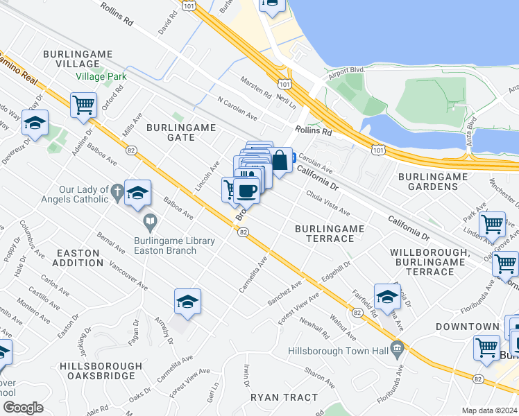map of restaurants, bars, coffee shops, grocery stores, and more near 1215 Broadway in Burlingame