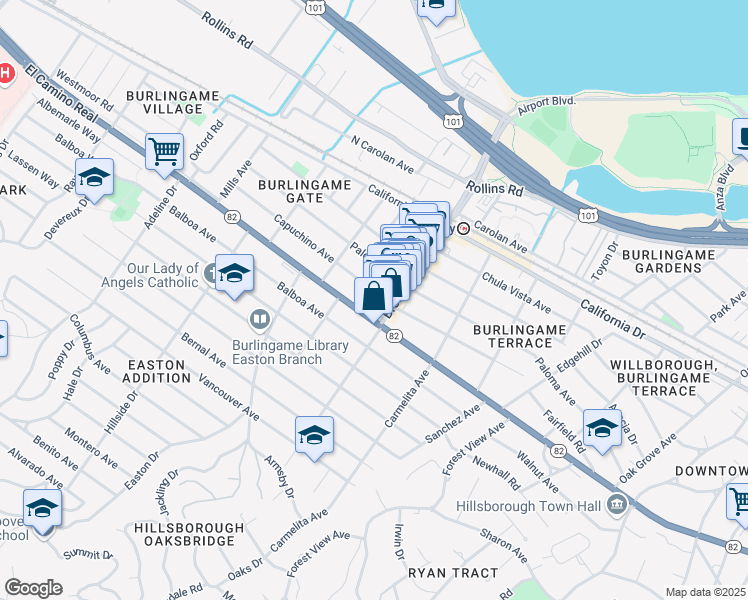 map of restaurants, bars, coffee shops, grocery stores, and more near 1229 Capuchino Avenue in Burlingame
