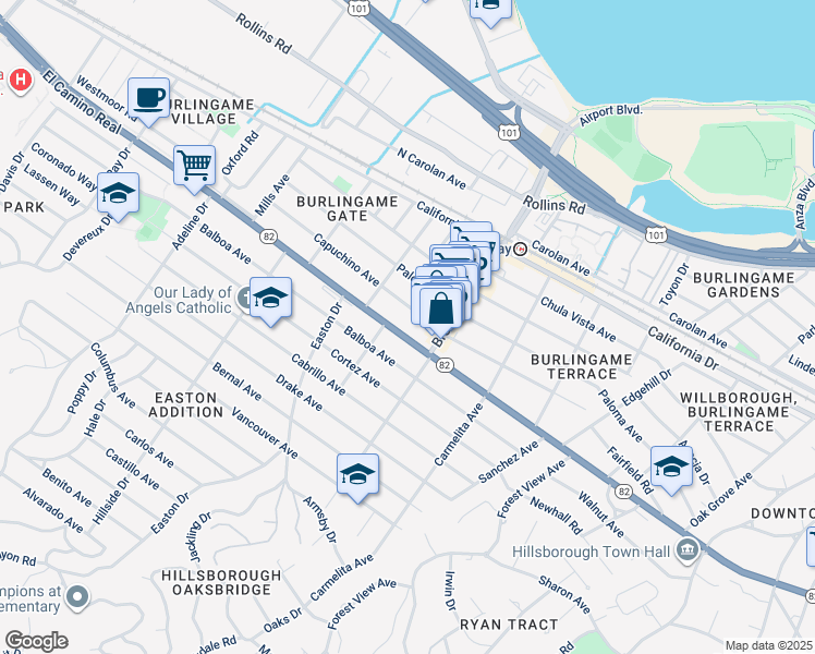 map of restaurants, bars, coffee shops, grocery stores, and more near 1229 Capuchino Avenue in Burlingame