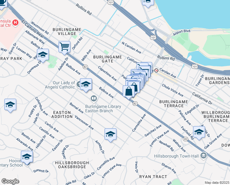 map of restaurants, bars, coffee shops, grocery stores, and more near 1246 California 82 in Burlingame