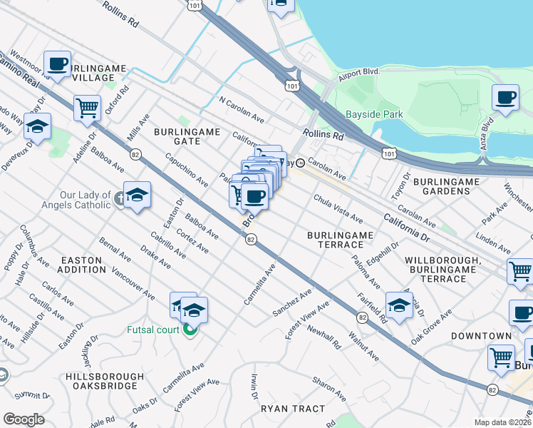 map of restaurants, bars, coffee shops, grocery stores, and more near 1137 Paloma Avenue in Burlingame