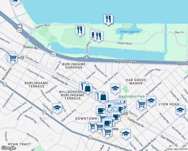 map of restaurants, bars, coffee shops, grocery stores, and more near 748 Laurel Avenue in Burlingame