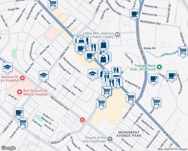 map of restaurants, bars, coffee shops, grocery stores, and more near 5322 Markel Road in Richmond