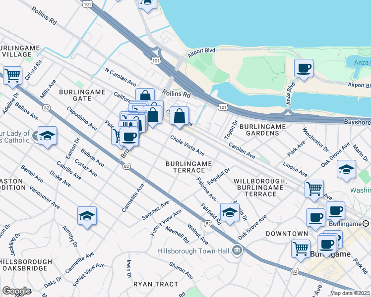 map of restaurants, bars, coffee shops, grocery stores, and more near 1005 Chula Vista Avenue in Burlingame