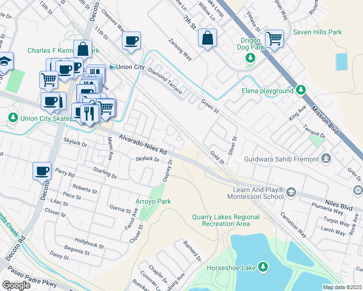 map of restaurants, bars, coffee shops, grocery stores, and more near 35510 Monterra Terrace in Union City