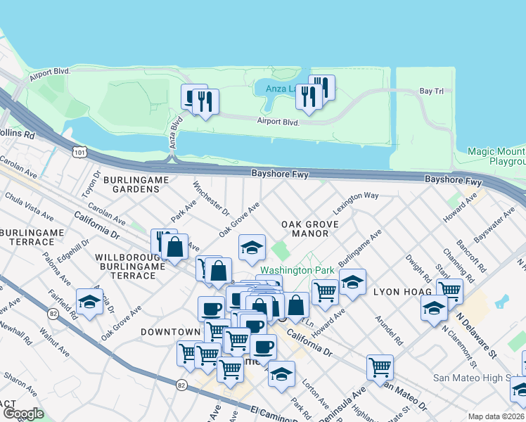map of restaurants, bars, coffee shops, grocery stores, and more near 479 Marin Drive in Burlingame