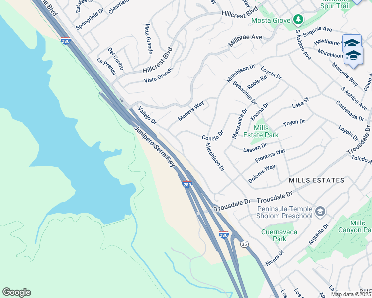 map of restaurants, bars, coffee shops, grocery stores, and more near 2 Millbrae Circle in Millbrae
