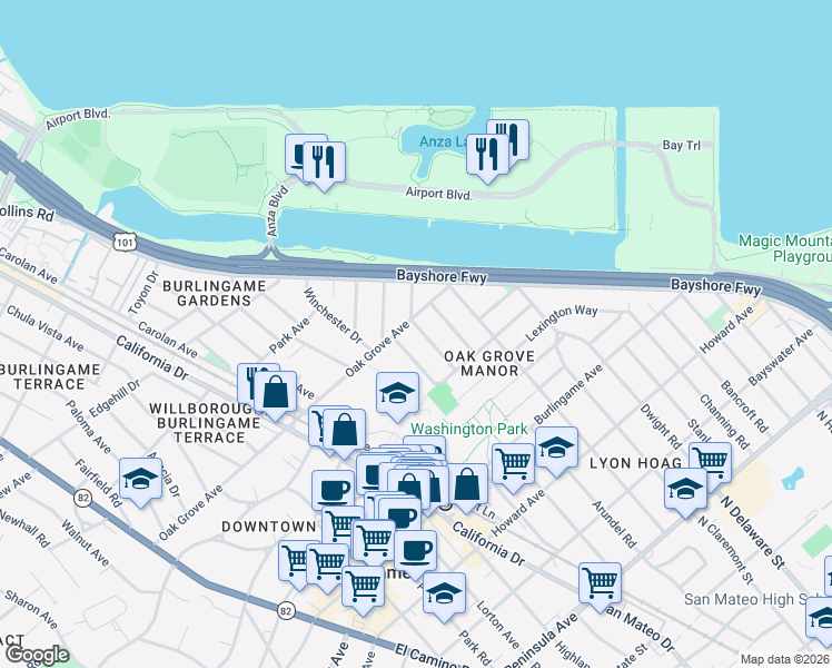 map of restaurants, bars, coffee shops, grocery stores, and more near 479 Marin Drive in Burlingame