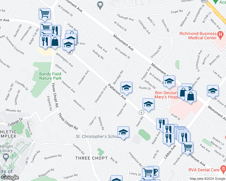 map of restaurants, bars, coffee shops, grocery stores, and more near 6407 Patterson Avenue in Richmond
