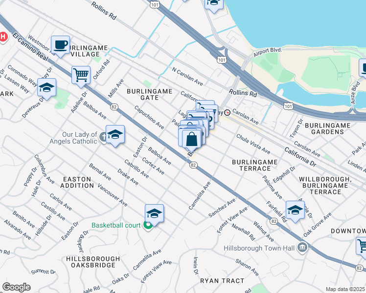 map of restaurants, bars, coffee shops, grocery stores, and more near 2 Burlingame Avenue in Burlingame