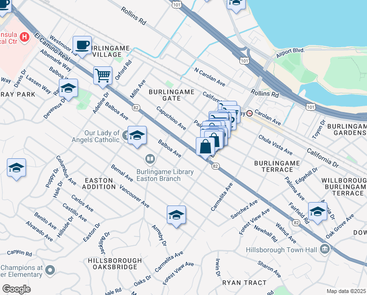 map of restaurants, bars, coffee shops, grocery stores, and more near 1500 Sherman Avenue in Burlingame