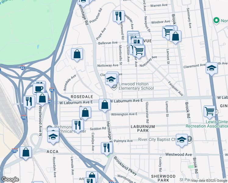 map of restaurants, bars, coffee shops, grocery stores, and more near 1600 West Laburnum Avenue in Richmond
