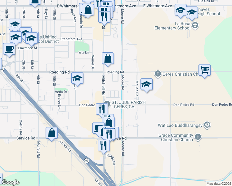 map of restaurants, bars, coffee shops, grocery stores, and more near 3101 Frontier Drive in Ceres