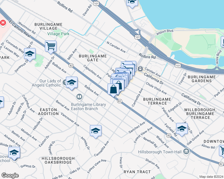 map of restaurants, bars, coffee shops, grocery stores, and more near 1229 Capuchino Avenue in Burlingame