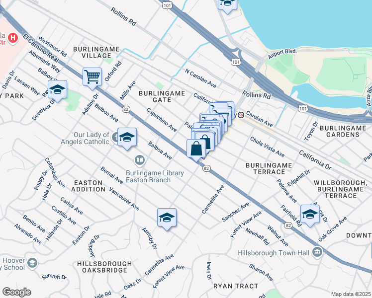 map of restaurants, bars, coffee shops, grocery stores, and more near 1229 Capuchino Avenue in Burlingame