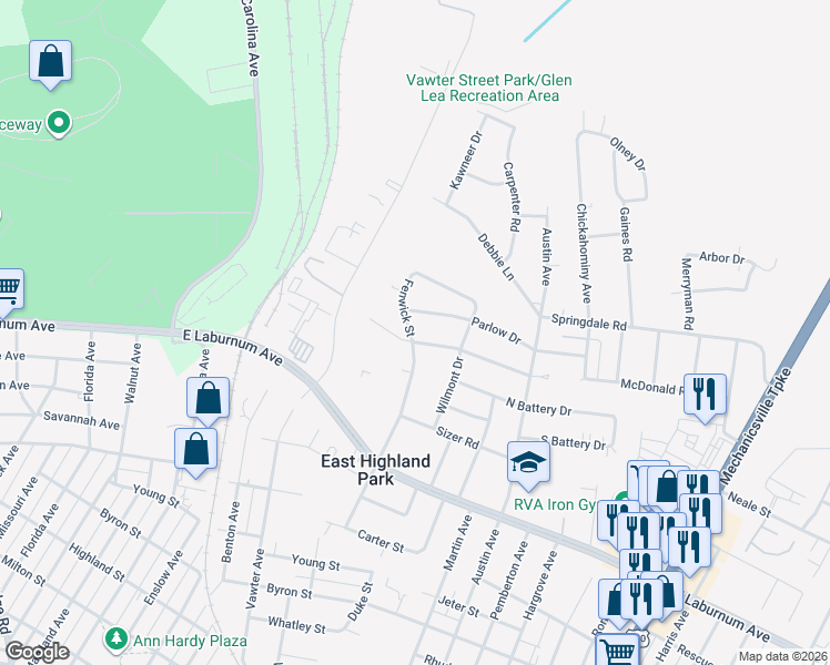 map of restaurants, bars, coffee shops, grocery stores, and more near 1606 Lyndover Road in Richmond