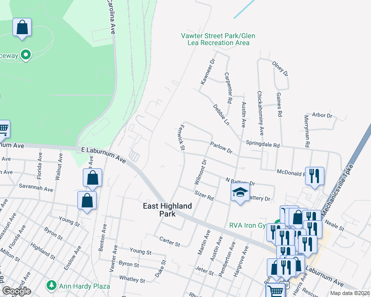 map of restaurants, bars, coffee shops, grocery stores, and more near 1606 Lyndover Road in Richmond