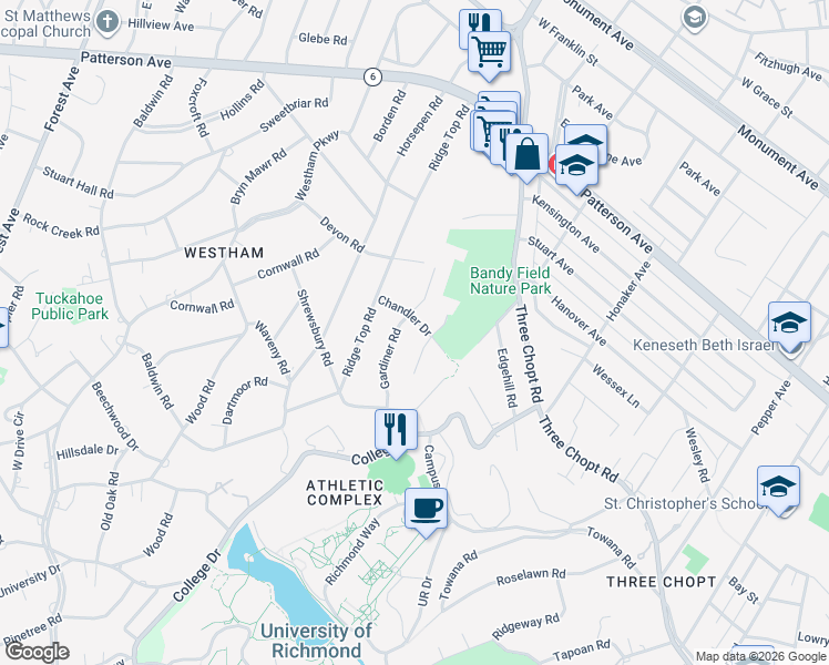 map of restaurants, bars, coffee shops, grocery stores, and more near 516 Gardiner Road in Richmond