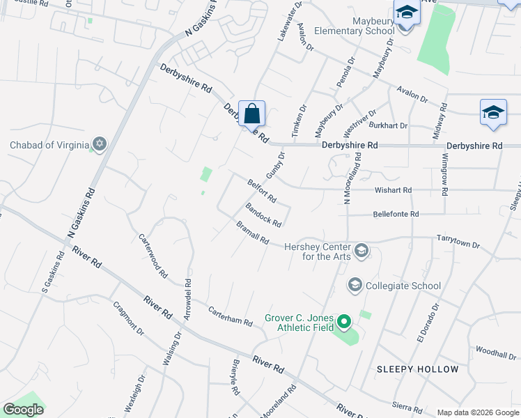 map of restaurants, bars, coffee shops, grocery stores, and more near 9308 Bandock Road in Richmond