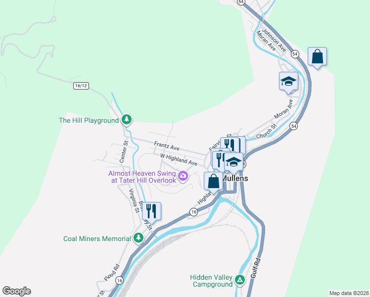 map of restaurants, bars, coffee shops, grocery stores, and more near 601 Frantz Avenue in Mullens