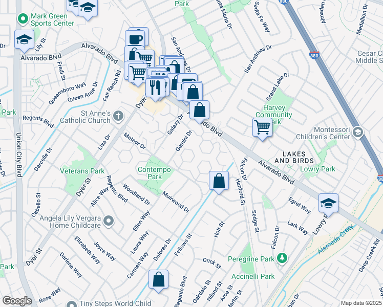 map of restaurants, bars, coffee shops, grocery stores, and more near 4243 Comet Circle in Union City