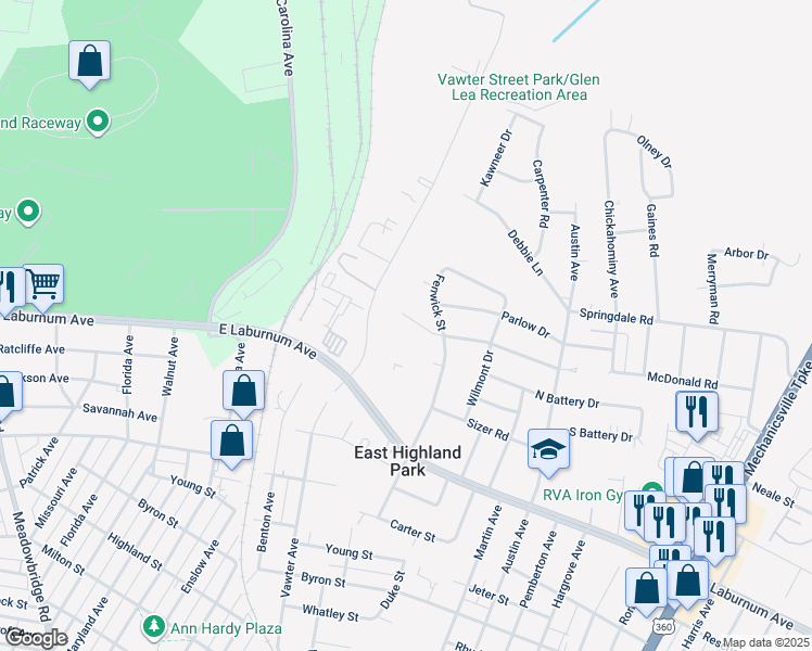 map of restaurants, bars, coffee shops, grocery stores, and more near 1605 Lyndover Road in Richmond