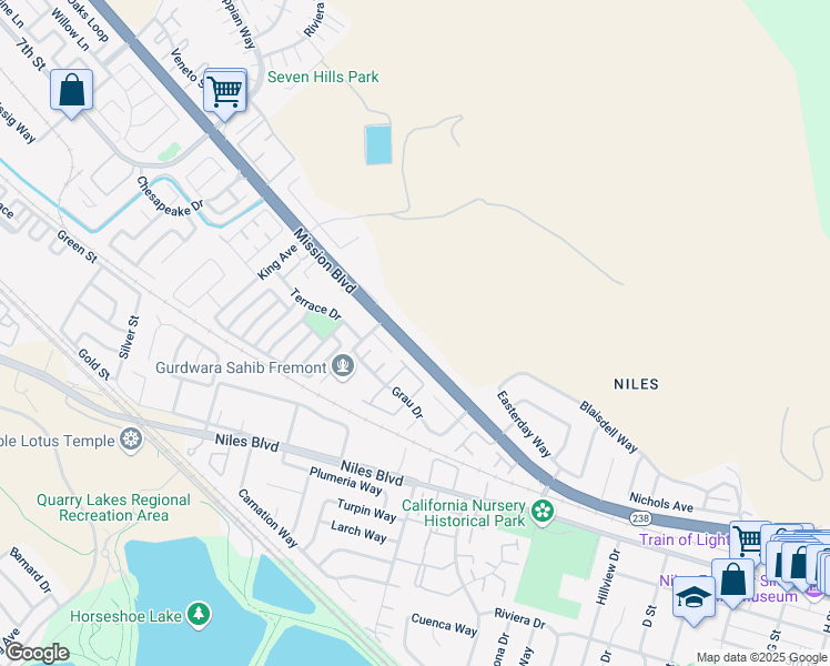 map of restaurants, bars, coffee shops, grocery stores, and more near 35754 Mission Boulevard in Fremont
