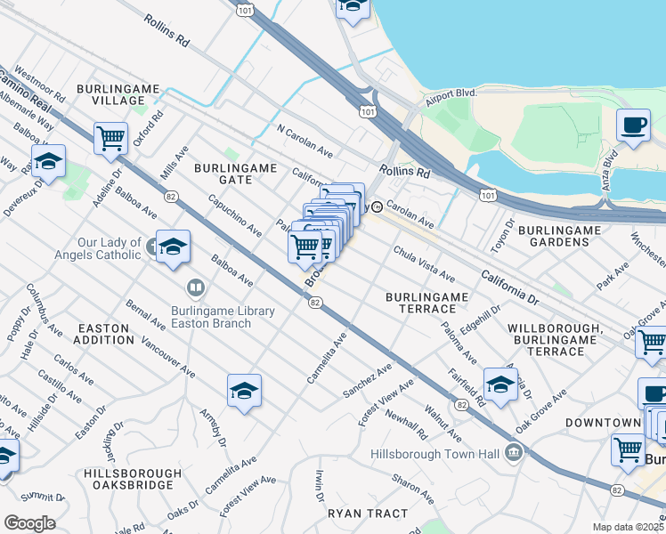 map of restaurants, bars, coffee shops, grocery stores, and more near 1137 Paloma Avenue in Burlingame