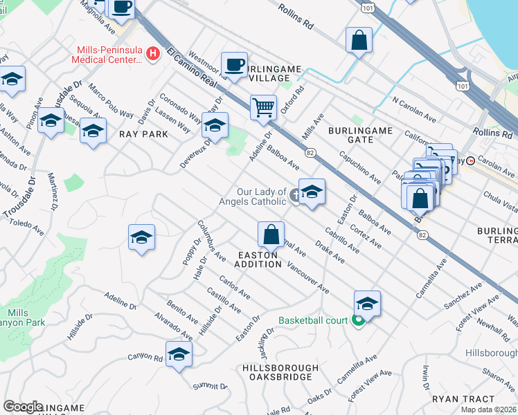 map of restaurants, bars, coffee shops, grocery stores, and more near 1433 Drake Avenue in Burlingame