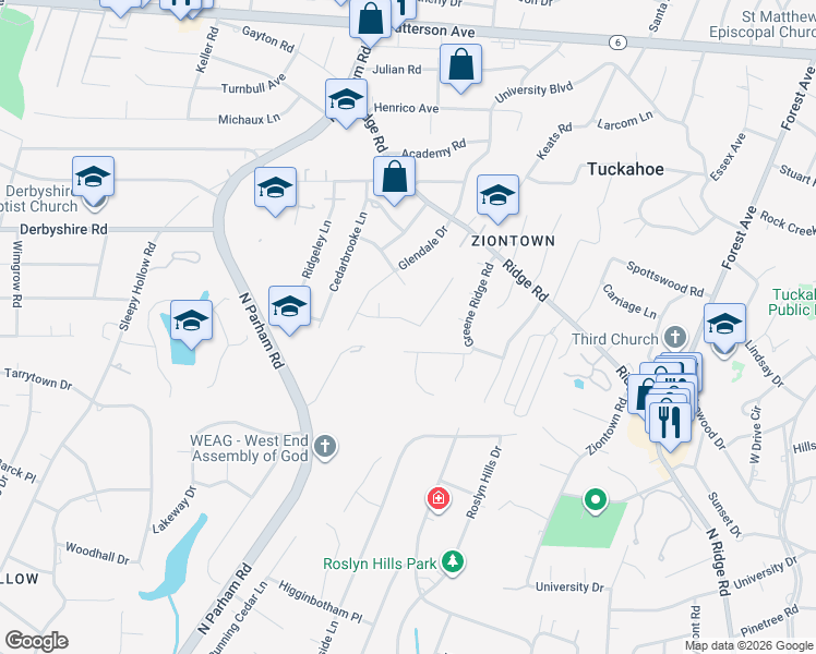 map of restaurants, bars, coffee shops, grocery stores, and more near 8501 Ridgeview Drive in Richmond