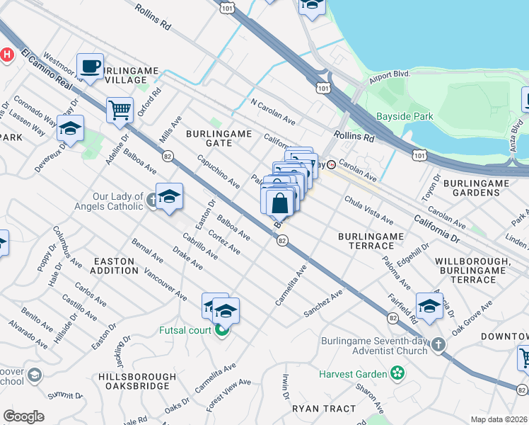 map of restaurants, bars, coffee shops, grocery stores, and more near 1229 Capuchino Avenue in Burlingame