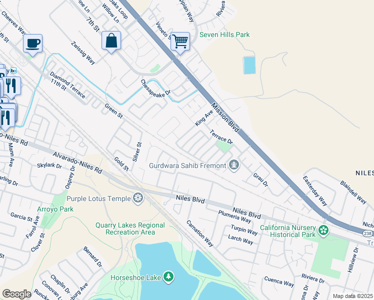 map of restaurants, bars, coffee shops, grocery stores, and more near 427 Summerwood Drive in Fremont
