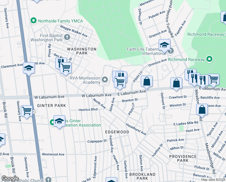 map of restaurants, bars, coffee shops, grocery stores, and more near 100 West Laburnum Avenue in Richmond