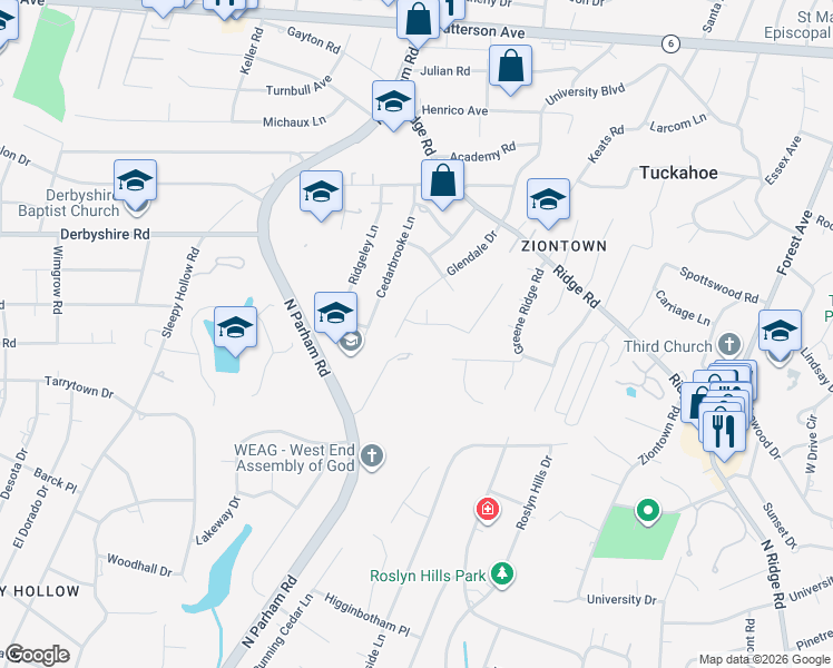 map of restaurants, bars, coffee shops, grocery stores, and more near 8509 Ridgeview Drive in Richmond