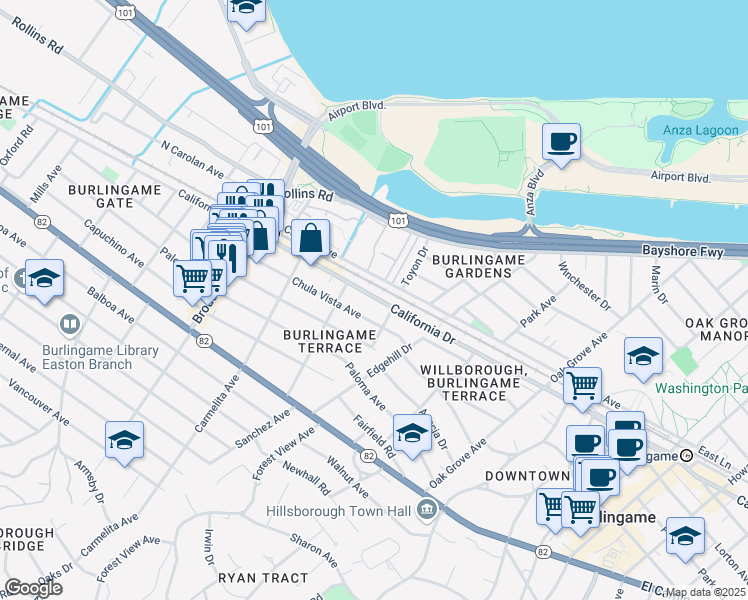 map of restaurants, bars, coffee shops, grocery stores, and more near 921 California Drive in Burlingame