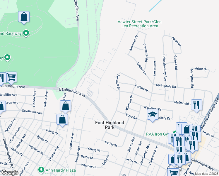 map of restaurants, bars, coffee shops, grocery stores, and more near 1605 Lyndover Road in Richmond
