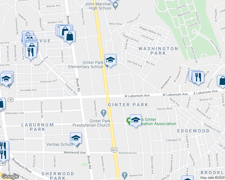map of restaurants, bars, coffee shops, grocery stores, and more near 3803 Chamberlayne Avenue in Richmond