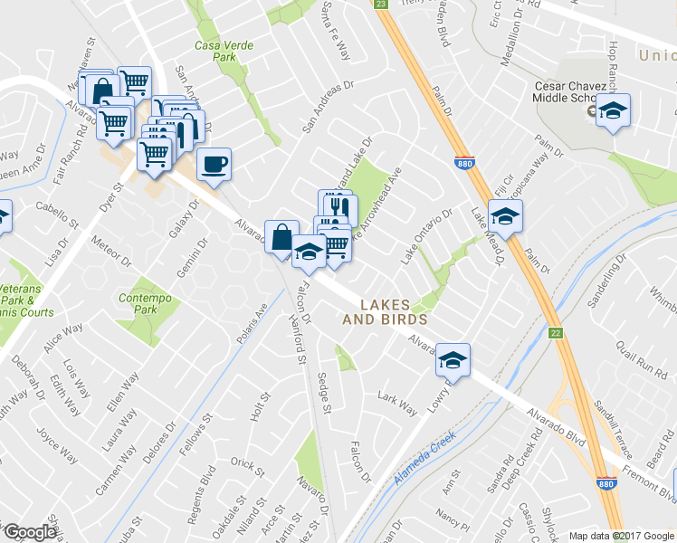 map of restaurants, bars, coffee shops, grocery stores, and more near 32760 Alvarado Boulevard in Fremont