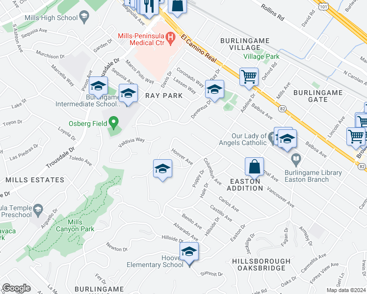 map of restaurants, bars, coffee shops, grocery stores, and more near 1539 Columbus Avenue in Burlingame