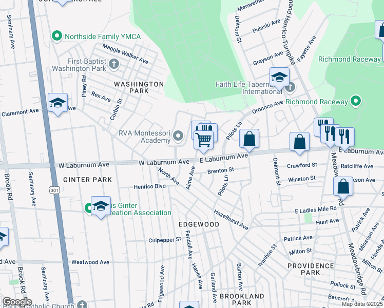 map of restaurants, bars, coffee shops, grocery stores, and more near 100 West Laburnum Avenue in Richmond