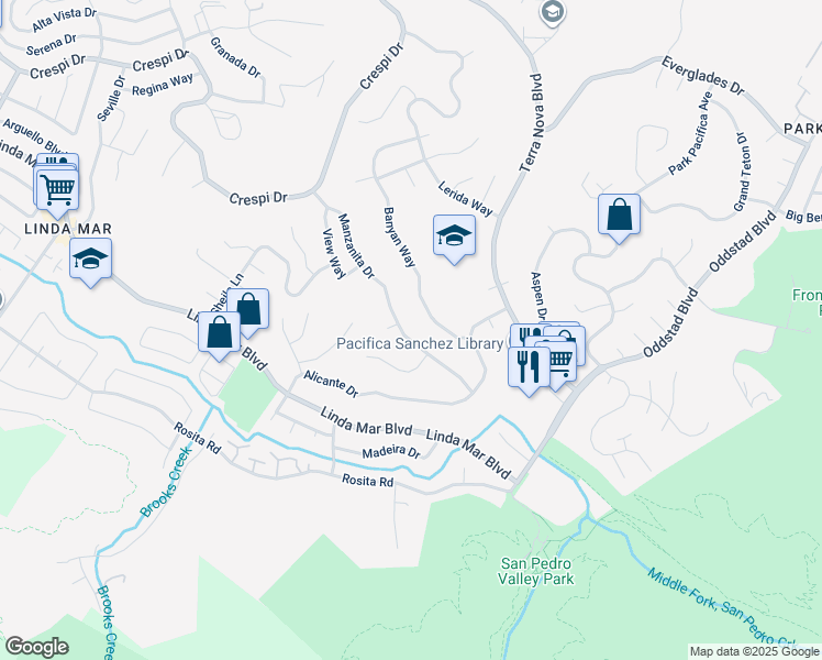 map of restaurants, bars, coffee shops, grocery stores, and more near 1157 Manzanita Drive in Pacifica