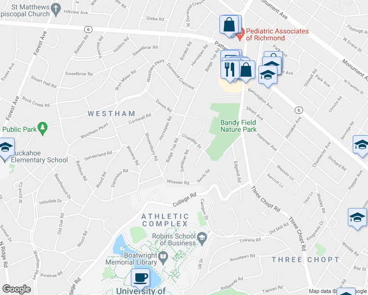 map of restaurants, bars, coffee shops, grocery stores, and more near 514 Gardiner Road in Henrico