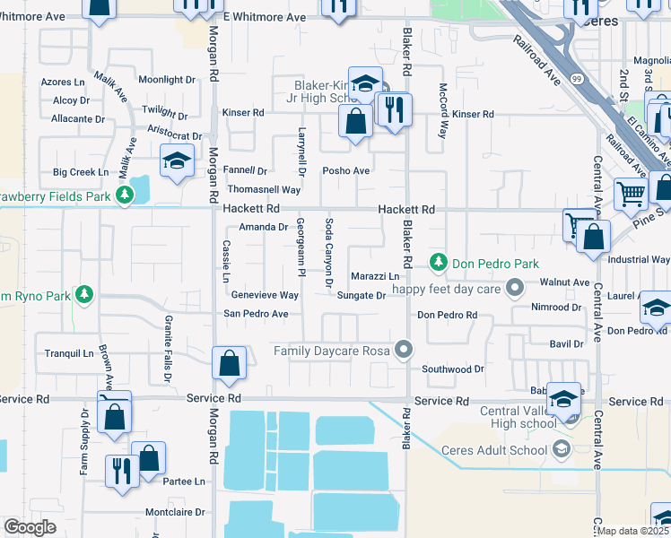 map of restaurants, bars, coffee shops, grocery stores, and more near 3509 Havenwood Way in Ceres