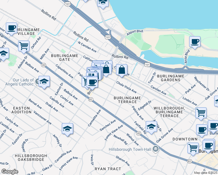 map of restaurants, bars, coffee shops, grocery stores, and more near 1100 Laguna Avenue in Burlingame