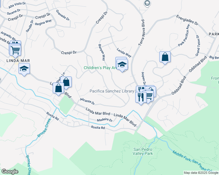 map of restaurants, bars, coffee shops, grocery stores, and more near 1153 Manzanita Drive in Pacifica