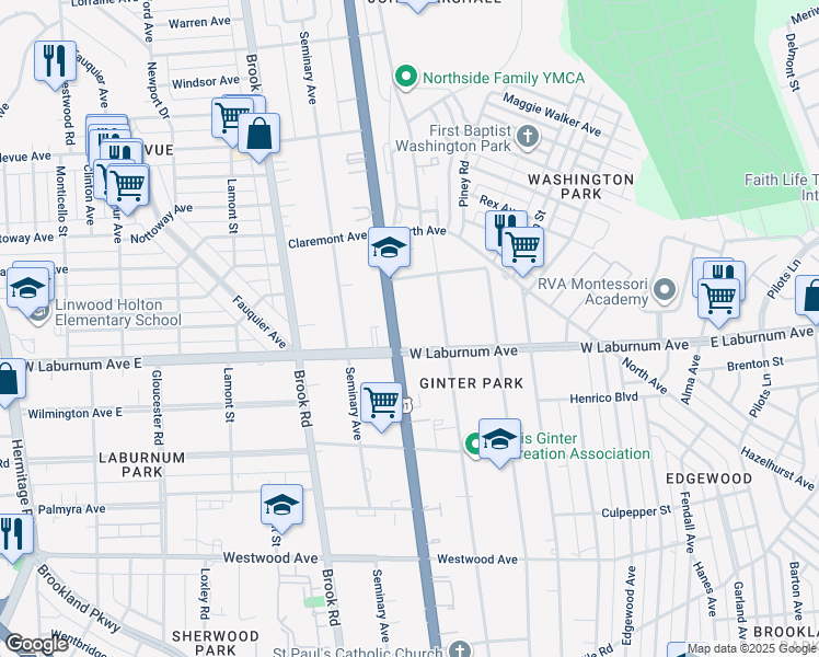 map of restaurants, bars, coffee shops, grocery stores, and more near 3803 Chamberlayne Avenue in Richmond