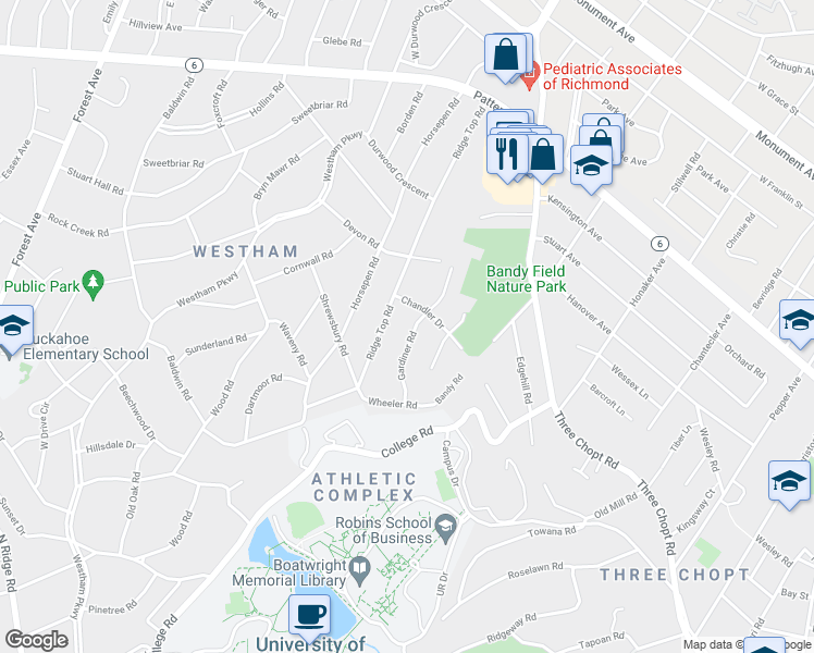 map of restaurants, bars, coffee shops, grocery stores, and more near 514 Gardiner Road in Henrico