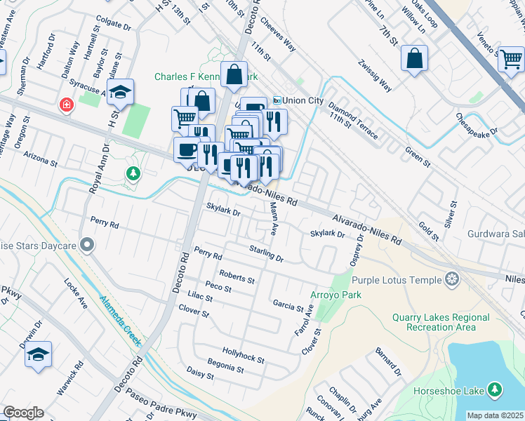 map of restaurants, bars, coffee shops, grocery stores, and more near 2140 Swan Court in Union City