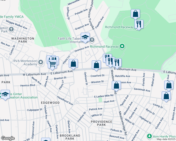 map of restaurants, bars, coffee shops, grocery stores, and more near 403 South Laburnum Avenue in Richmond