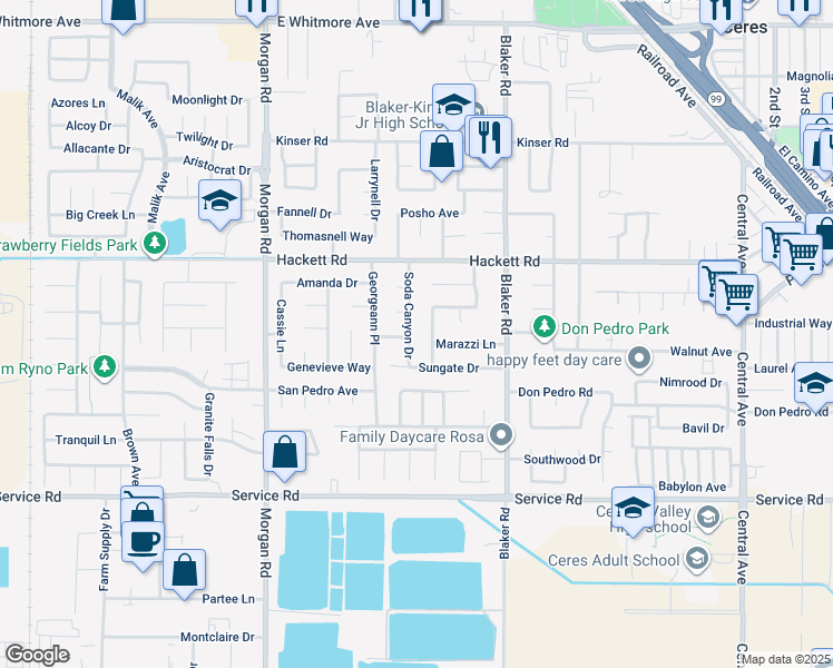 map of restaurants, bars, coffee shops, grocery stores, and more near 3509 Havenwood Way in Ceres